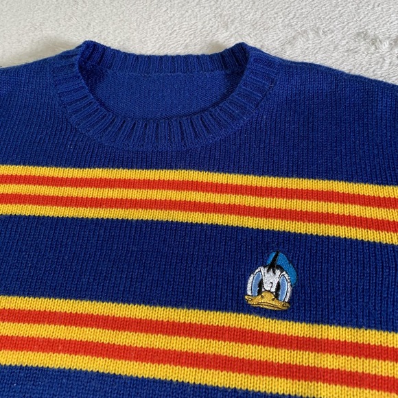 Disney Sweater Mens Small Blue Yellow Striped Donald Duck Knit Pullover Acrylic - Picture 2 of 6
